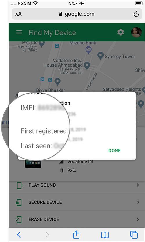 Popup vil vise IMEI-nummer og annen informasjon på Android-enheten på iPhone