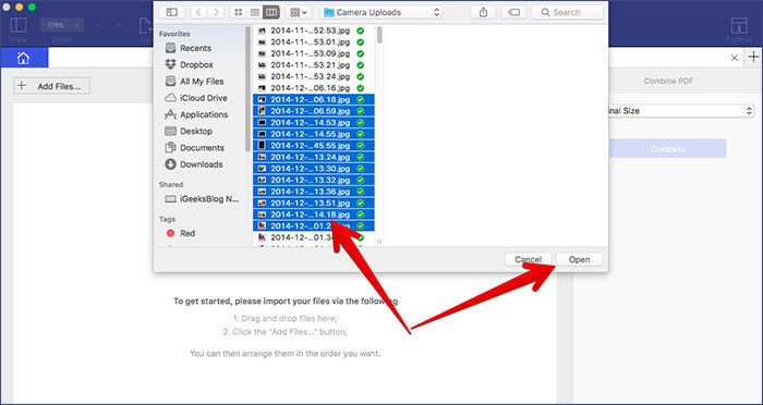 Velg Flere filer i PDF-element på Mac