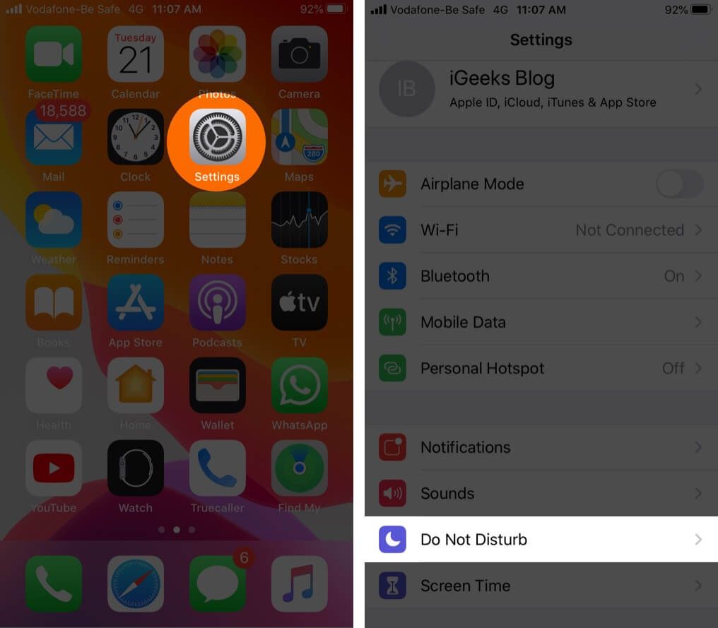 Åpne Innstillinger og trykk på Ikke forstyrr på iPhone