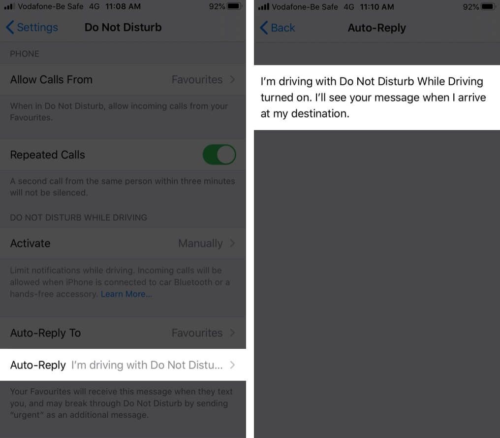 Sett opp automatisk svar på tekstmeldinger på iPhone mens du kjører