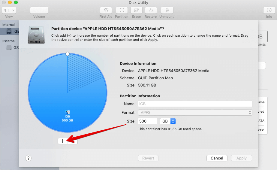 Feu clic al botó Plus a Configuració de la partició del disc dur al Mac