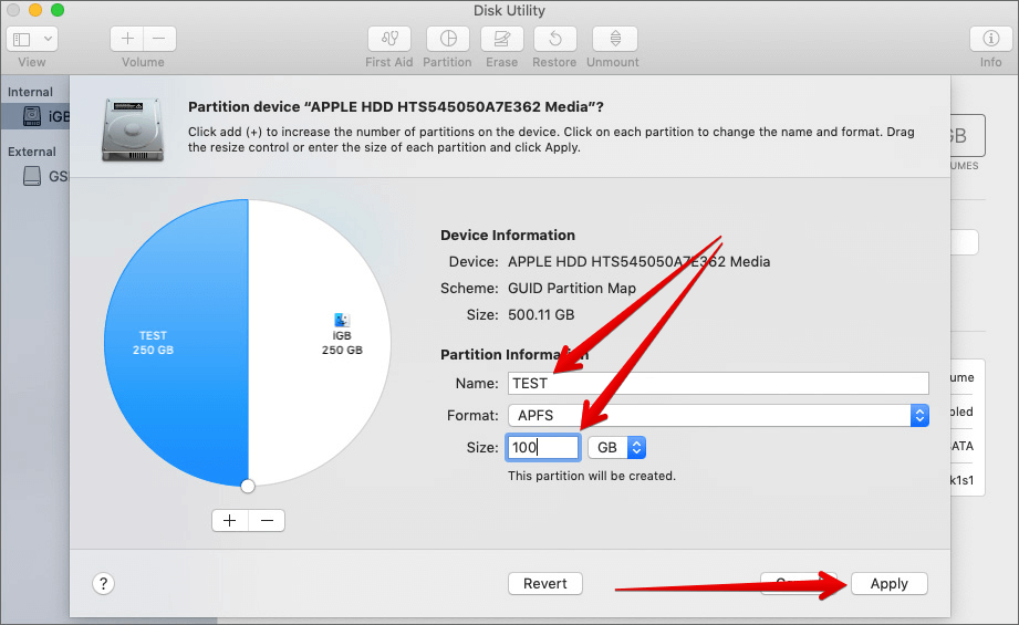 Gi partisjonsnavn, skriv inn størrelse og klikk Bruk i Mac Disk Utility-appen