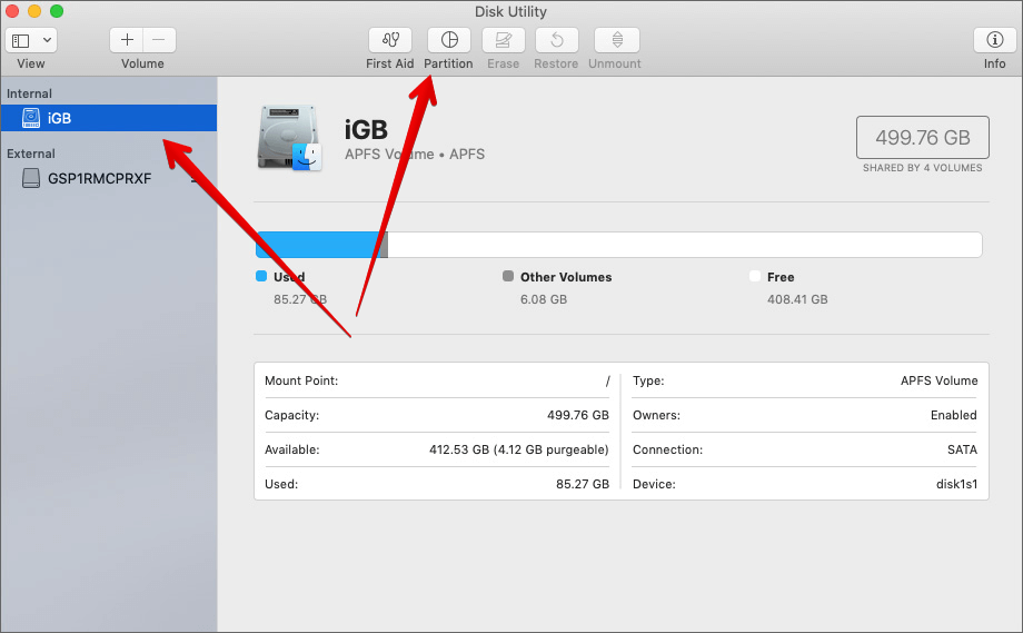 Klikk på Harddisk fra menyen, og klikk deretter Partisjon i Mac Disk Utility-appen