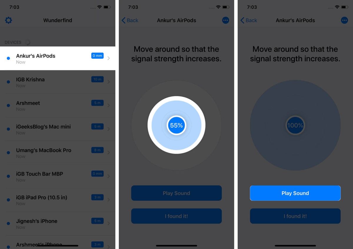 Start Wunderfind-appen og trykk på AirPods-navn og trykk deretter på Spill av lyd på iPhone