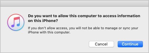 [続行してiPhoneを信頼する]をクリックして、MacまたはPCのiTunesに表示します
