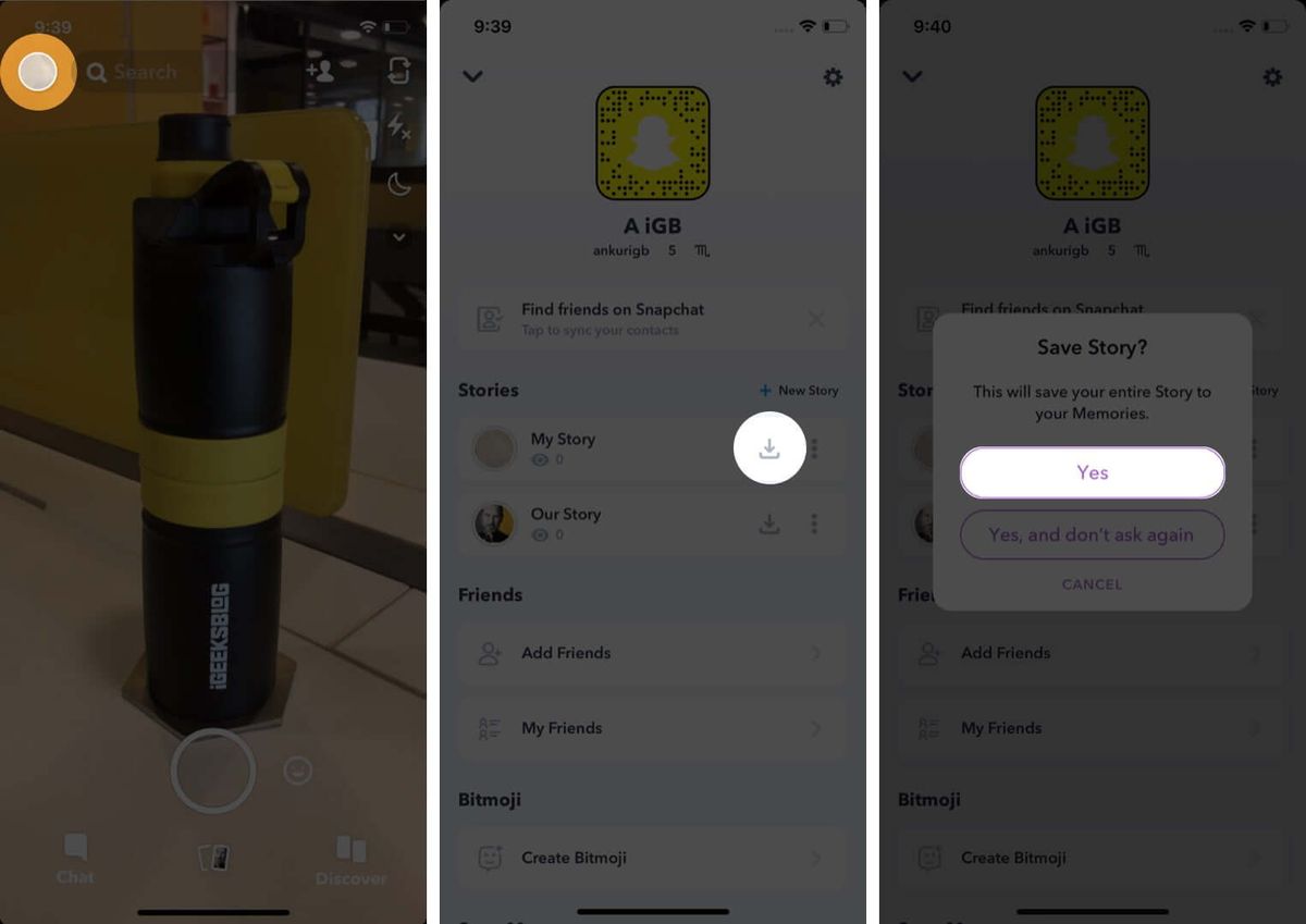 apri snapchat tocca il profilo tocca salva e poi tocca sì per salvare su iphone