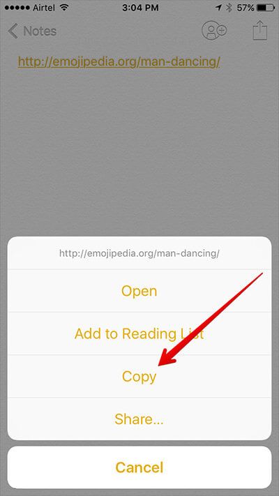 Kopier Emojipedia URL fra iPhone Notes App