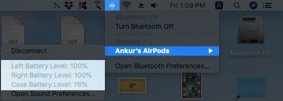 Feu clic a la icona Bluetooth i passeu el ratolí per comprovar la durada de la bateria dels AirPods al Mac