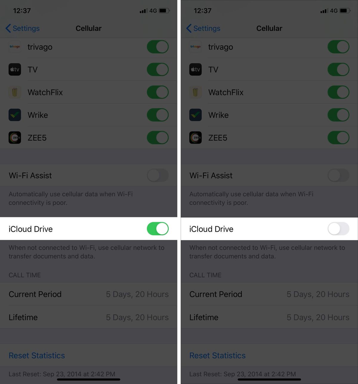 Деактивирайте клетъчните данни за iCloud Drive на iPhone