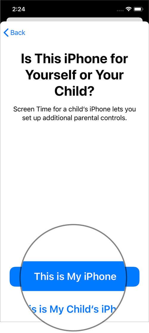 Trykk på Dette er min iPhone i iOS 13 Skjermtidinnstillinger