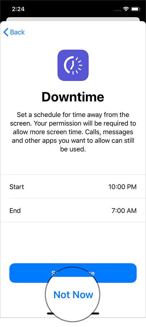 Trykk på Ikke nå i iOS 13 Skjermtidinnstillinger