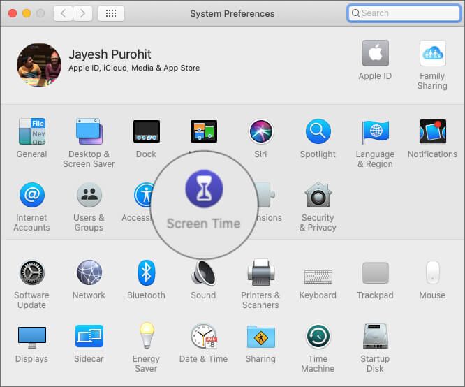 Klikk på skjermtid i macOS Catalina