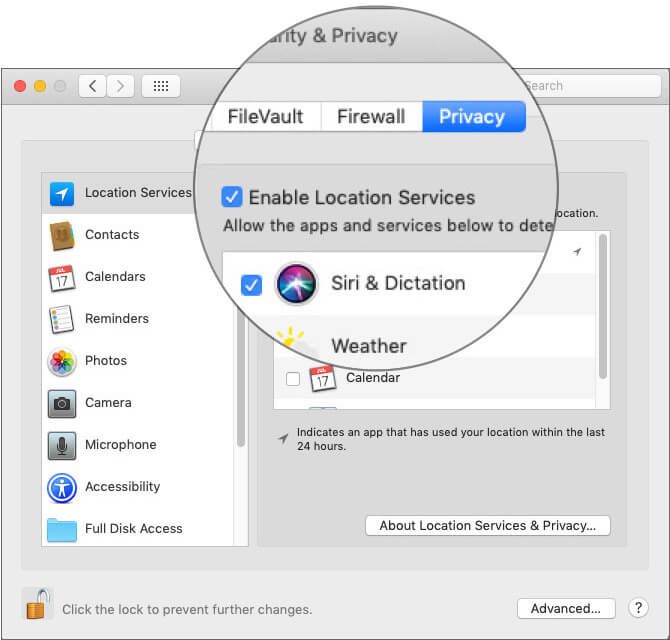 Fjern merket for alternativet Aktiver plasseringstjenester i macOS Mojave