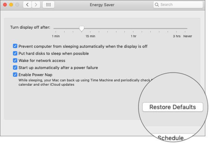 Klikk på Gjenopprett standarder for å sette energisparing til standard i macOS Mojave