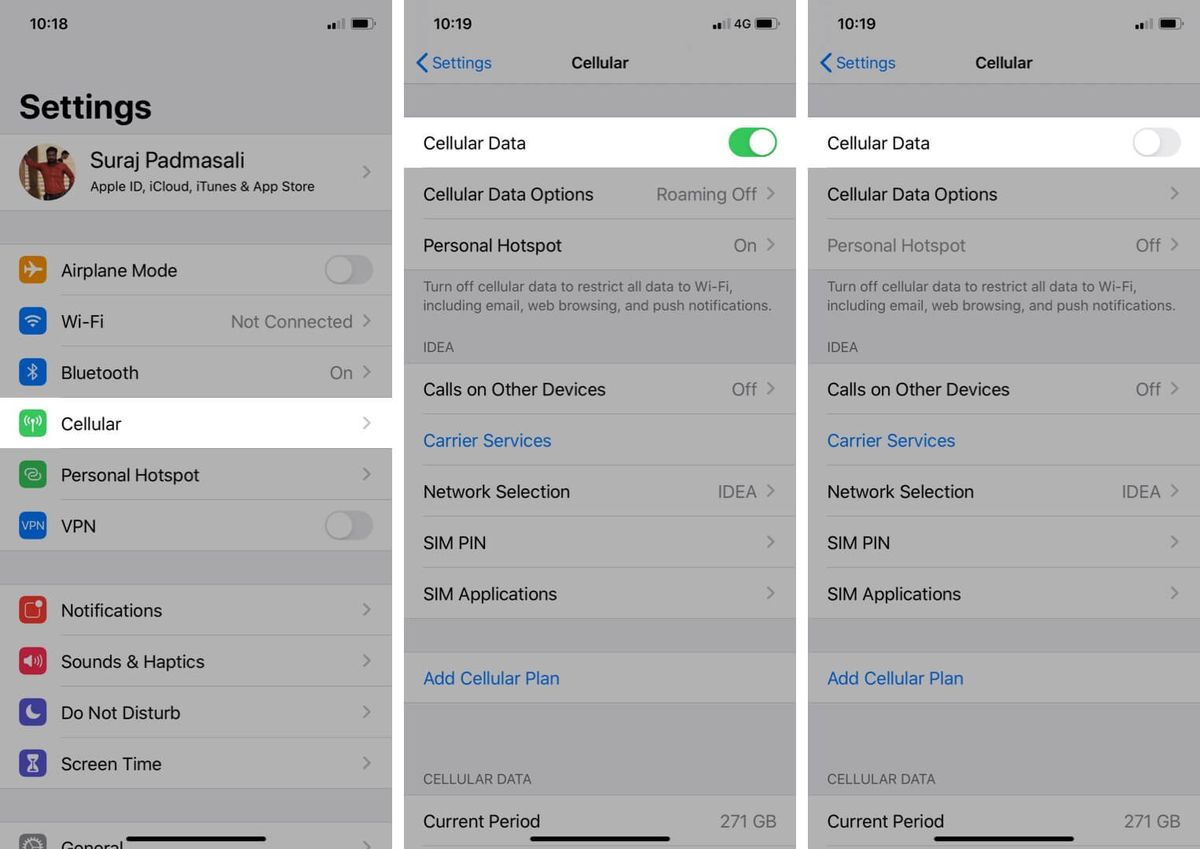 Réglage App appuyez sur Cellular pour activer ou désactiver les données cellulaires sur iPhone
