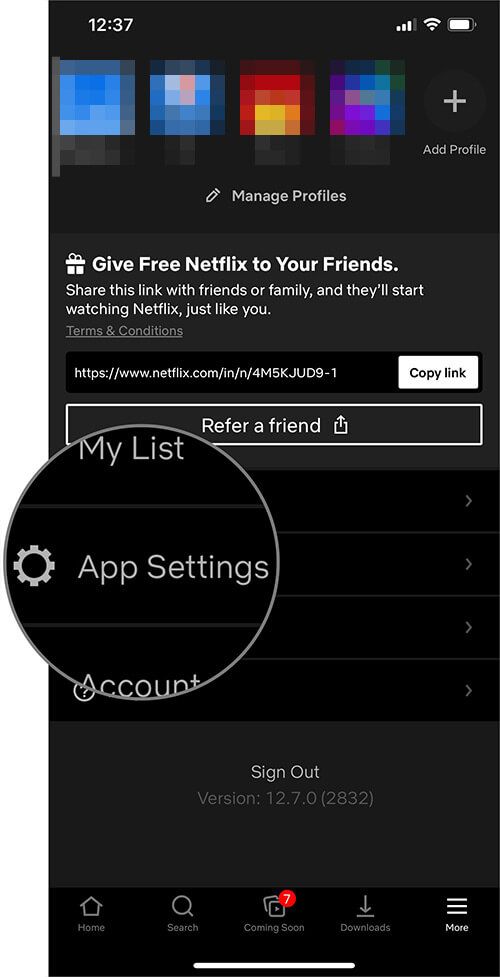 Klepnite na Nastavenia aplikácie v profile Netflix na iPhone