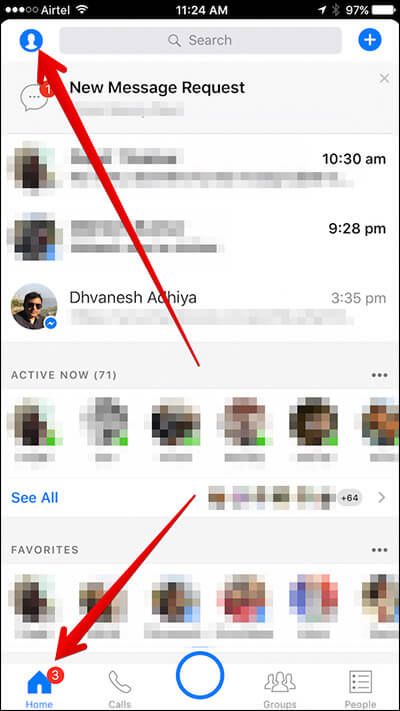 „IPhone“ programoje „Messenger“ bakstelėkite Pradžia tada profilio piktograma