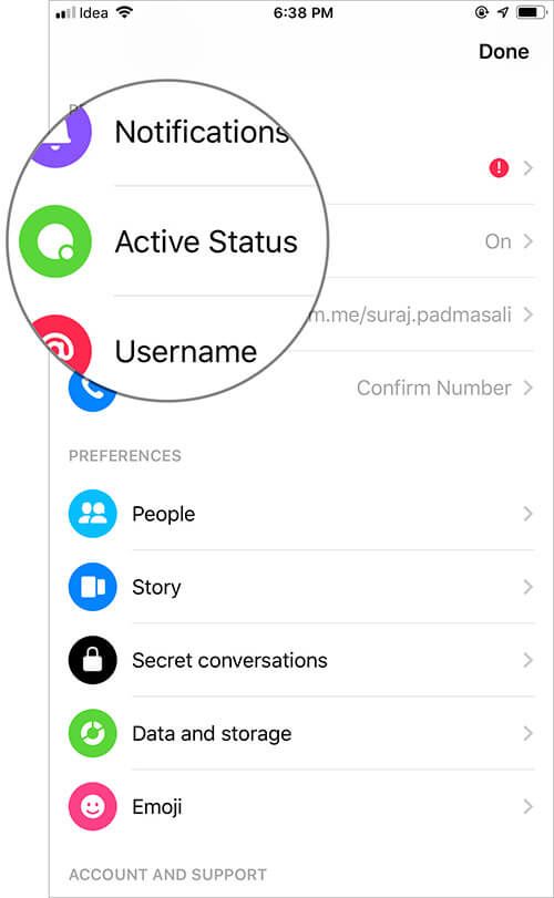 Trykk på Aktiv status i Messenger-appen