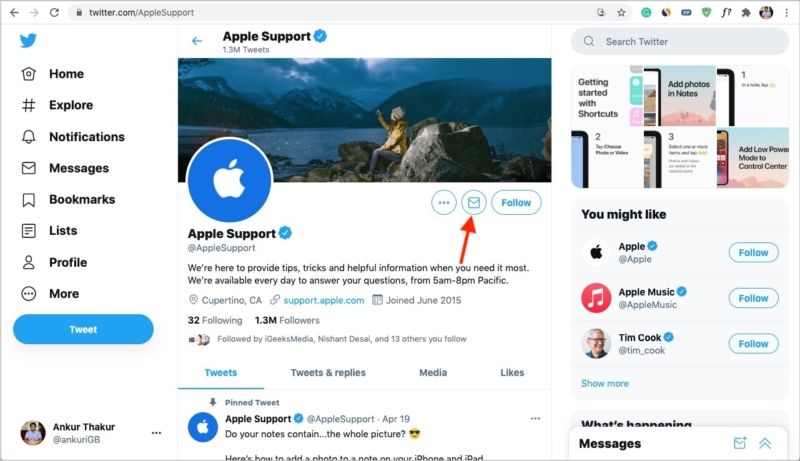 Kontakt Apple Support ved å sende Twitter DM