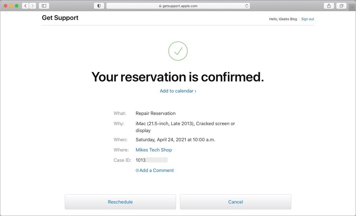 Reservasjon bekreftet i Apple Store