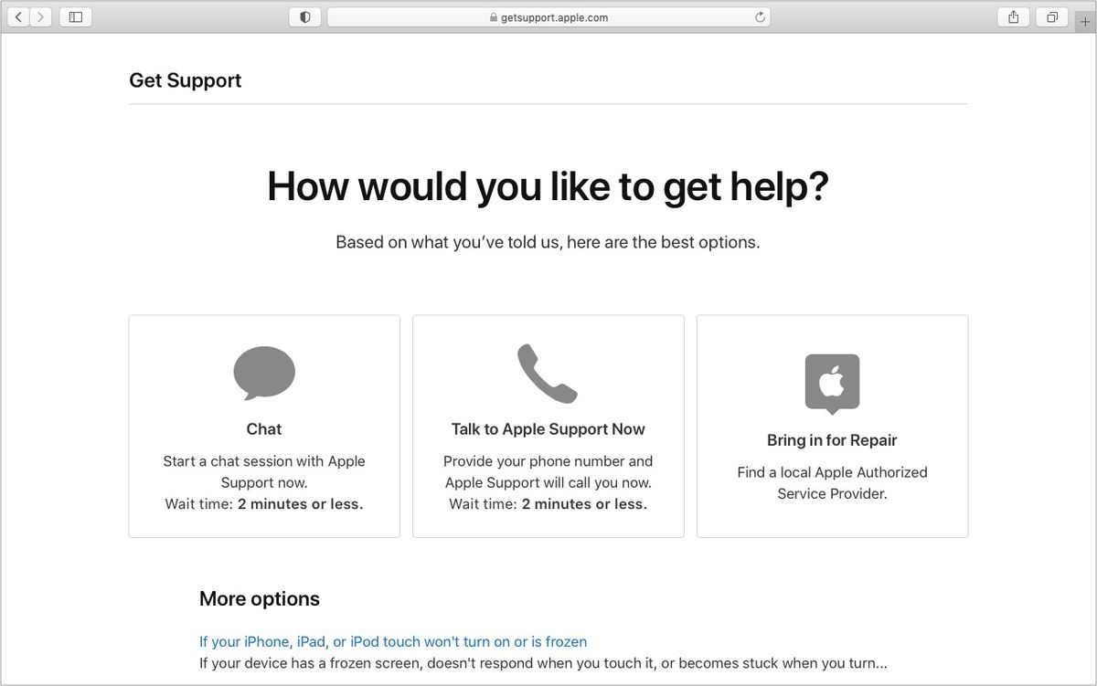 Velg Chat for å få kontakt med Apple Customer Care Person