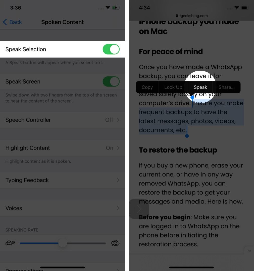 Aktiver Speak Selection for å få Siri til å lese tekst på iPhone