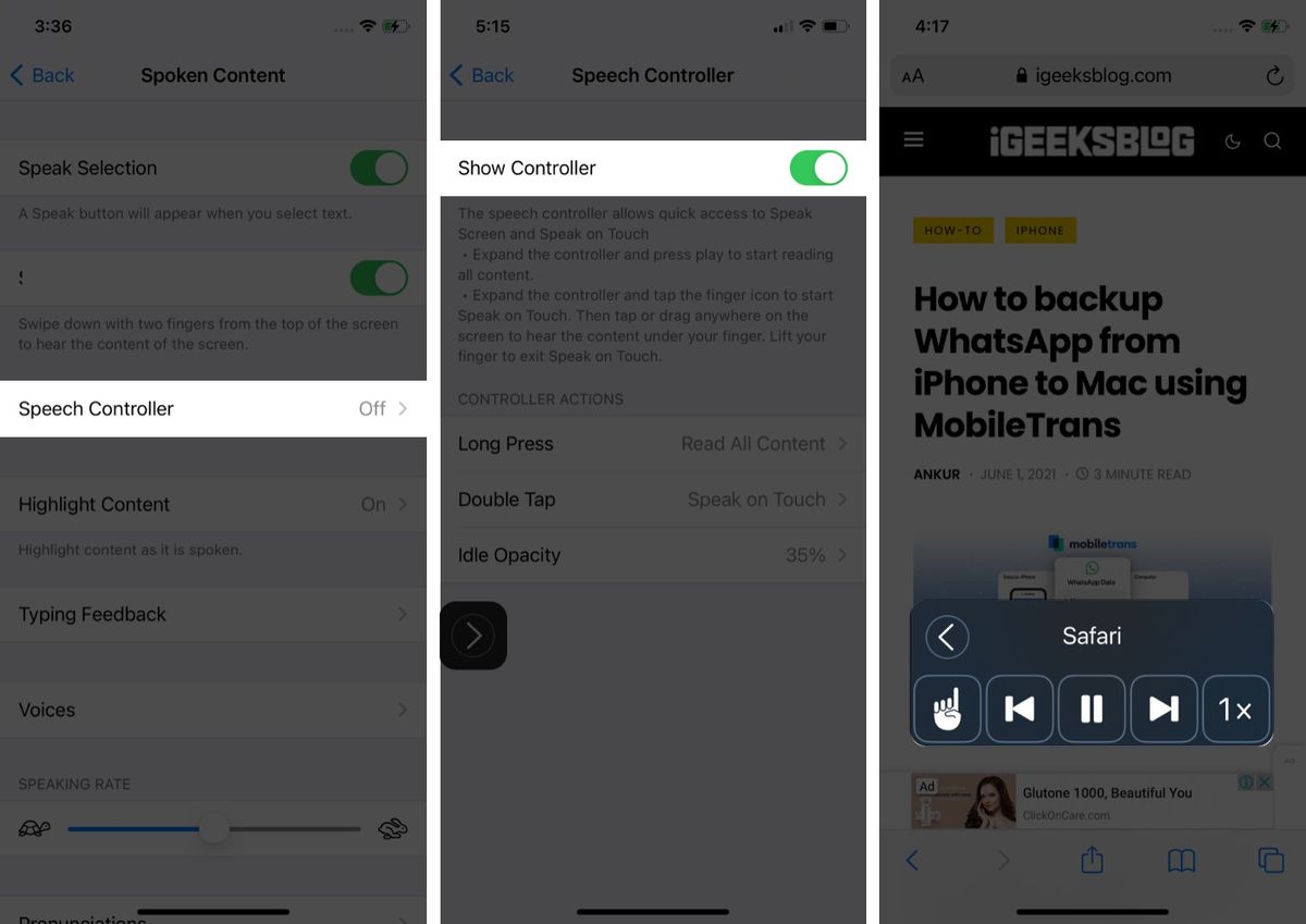 Aktiver Talekontroll for å lese tekst fra Safari på iPhone