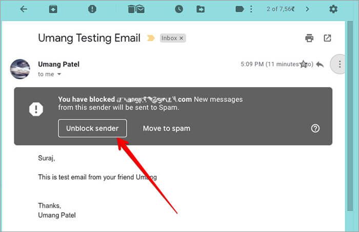 Klikk på Fjern blokkering av noen i Gmail på datamaskinen