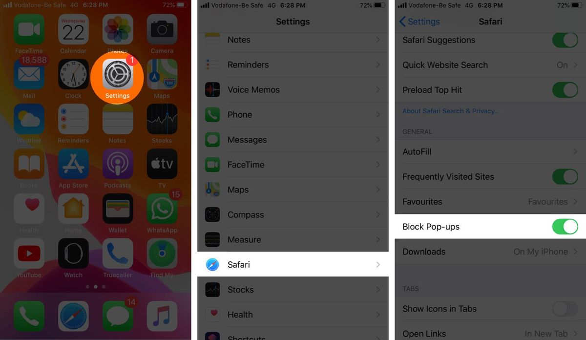 Įgalinkite „Safari“ iššokančių langų blokavimo priemonę „iPhone“
