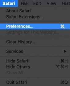 Spustelėkite „Safari“ ir „Mac“ pasirinkite „Preferences“