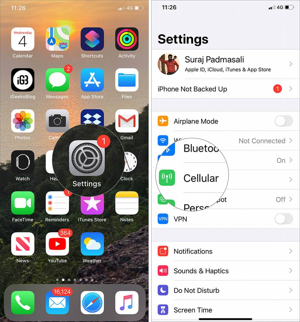 Start Innstillinger-appen og trykk på Cellular på iPhone
