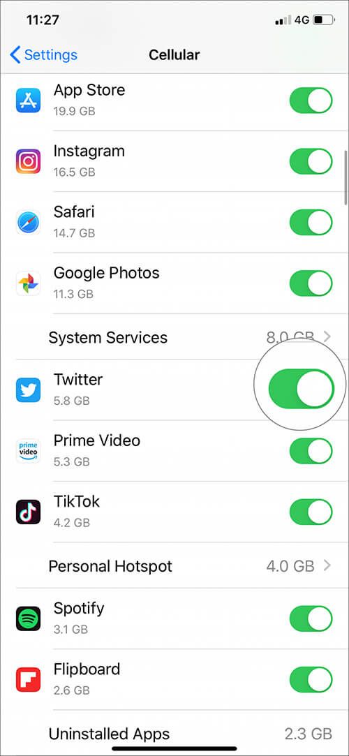 Slå PÅ i Twitter Cellular i Innstillinger-appen på iPhone