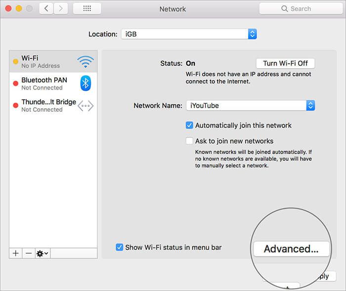 Klikk på Avansert i Mac-nettverksinnstillinger