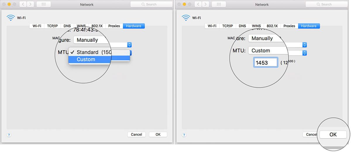 Endre MTU til Tilpasset i Mac-nettverksinnstillinger