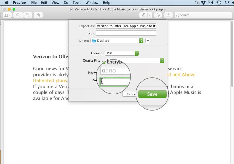 Skriv inn passordet til PDF-filen og klikk Lagre på Mac