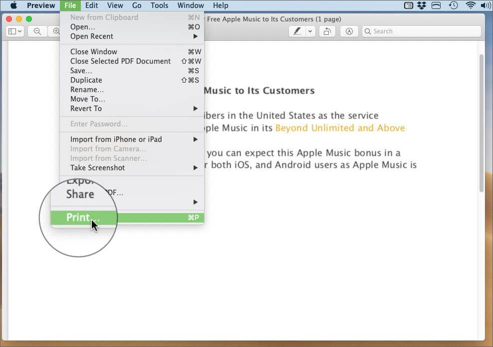 Klikk på Skriv ut under Fil-menyen i PDF Preview-appen på Mac