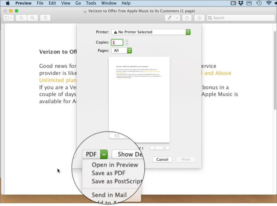 Klikk på rullegardinmenyen ved siden av PDF, velg Lagre som PDF i PDF-forhåndsvisningsprogrammet på Mac