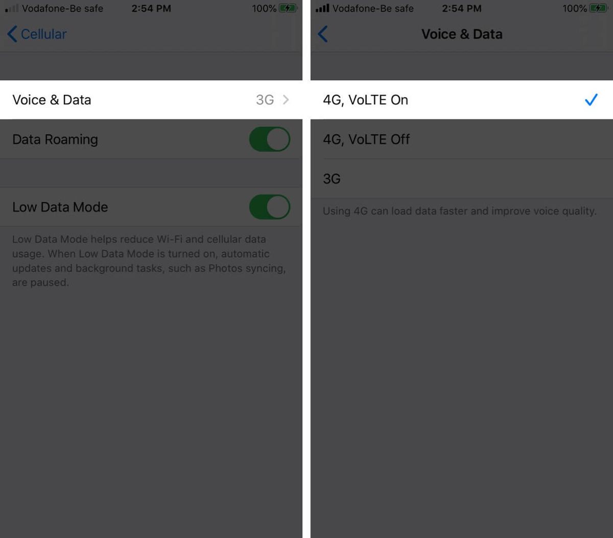 Trykk på Voide and Data og slå 4G VoLTE på iPhone