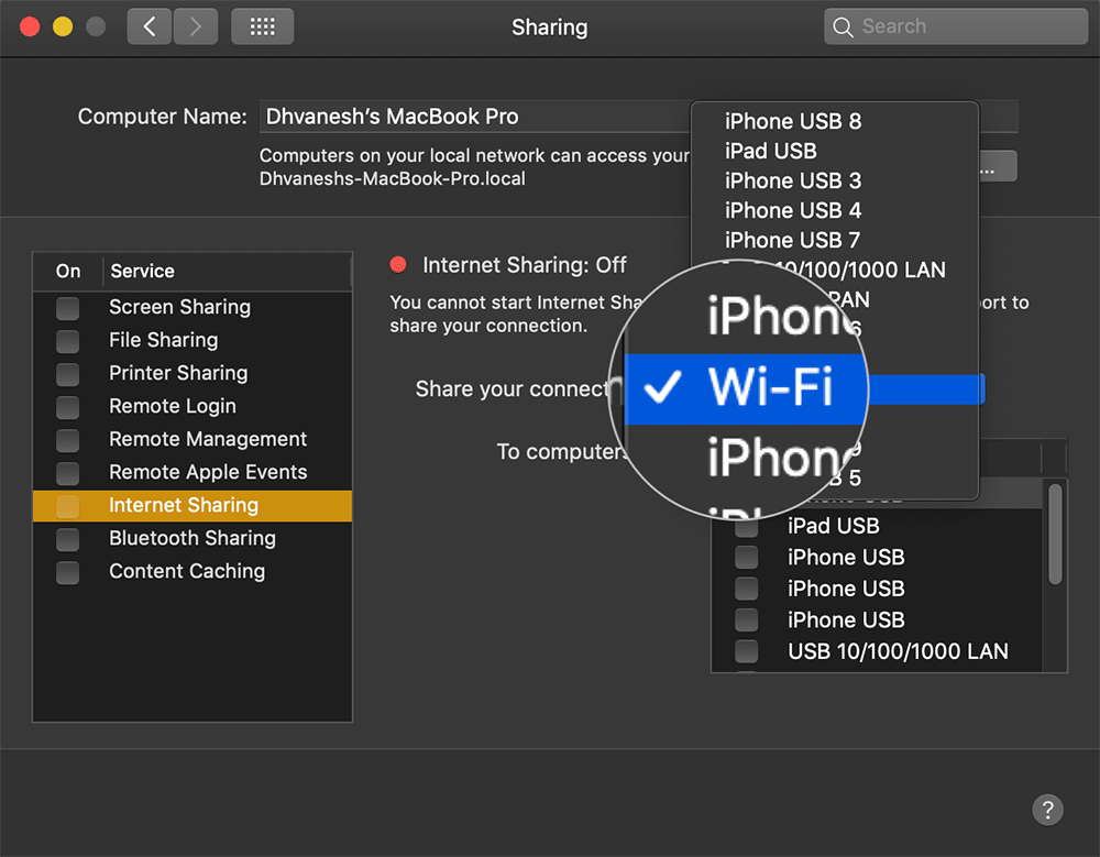 „Mac“ išskleidžiamajame sąraše pasirinkite „Wi-Fi“