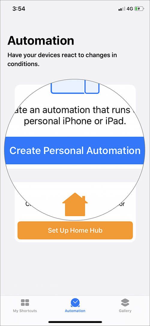 Klepnite na Vytvoriť osobnú automatizáciu v aplikácii iOS 13 Skratky
