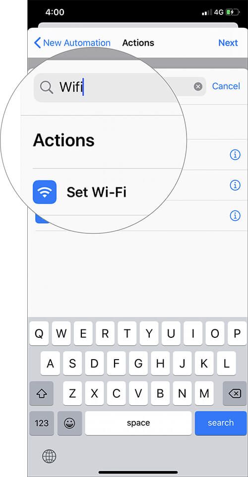 Vyhľadajte Wi-Fi a zvoľte Nastaviť Wi-Fi v skratke Automation iOS 13