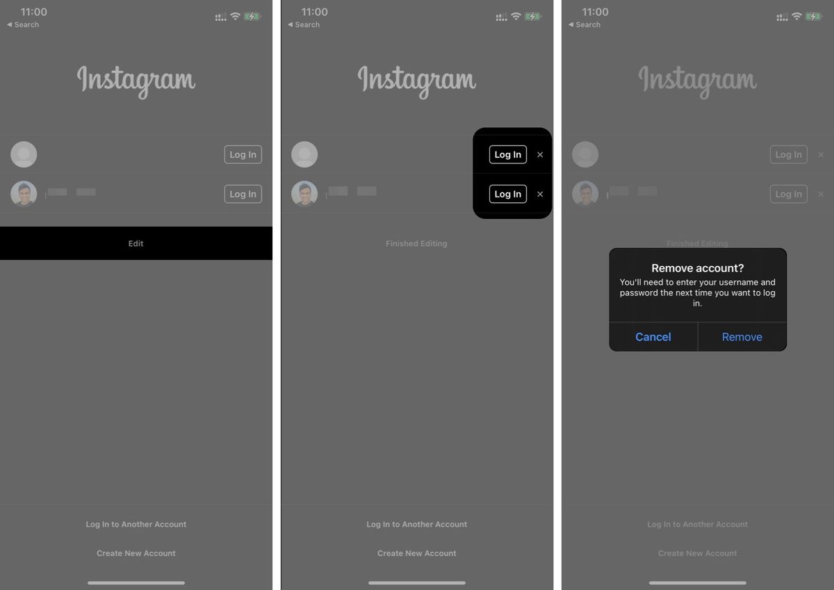 Fjern påloggingsinformasjon fra flere Instagram-kontoer på iPhone