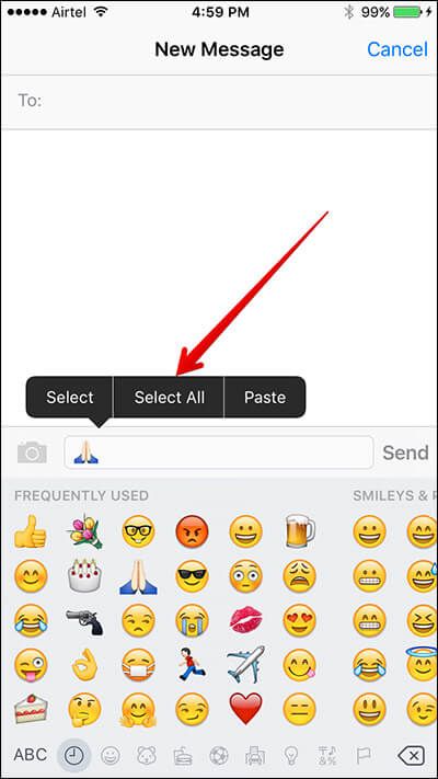 Atidarykite „Message App“, įveskite „Emoji“ ir „iPhone“ pasirinkite viską