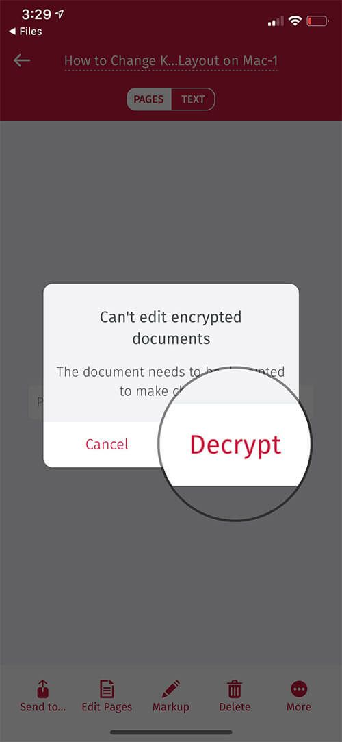 Trykk på Dekrypter i iOS Scanbot-appen