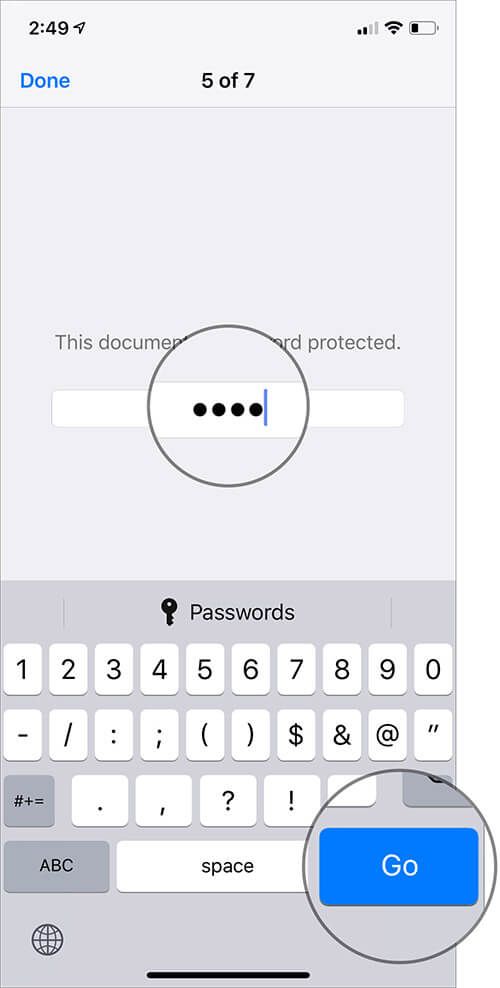 Zadajte heslo súboru a stlačte Go na iPhone