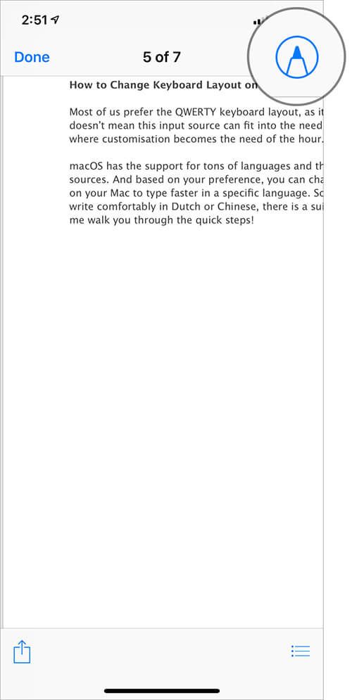 Trykk på Markup-ikonet i PDF-fil på iPhone