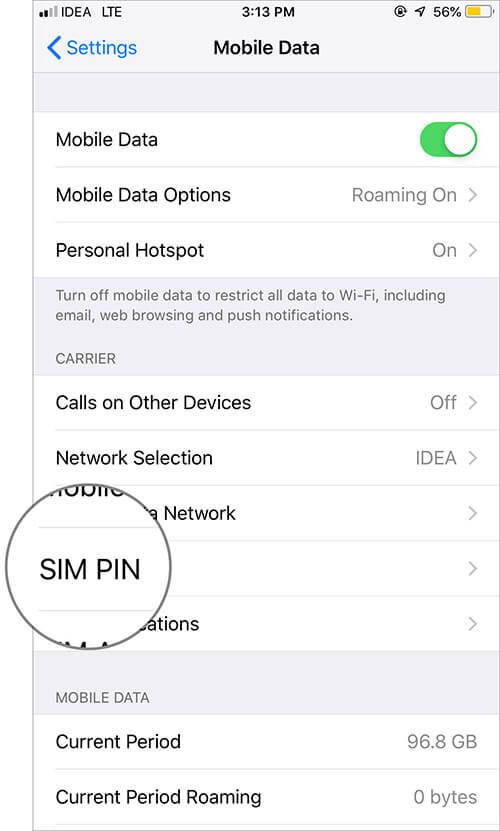 Tocca il PIN della SIM in Dati mobili su iPhone
