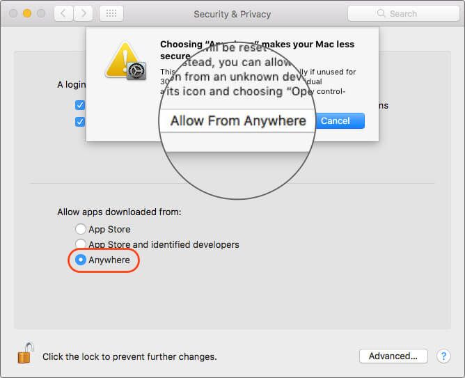 Klikk på Tillat hvor som helst for å åpne ukjente apper i macOS Catalina