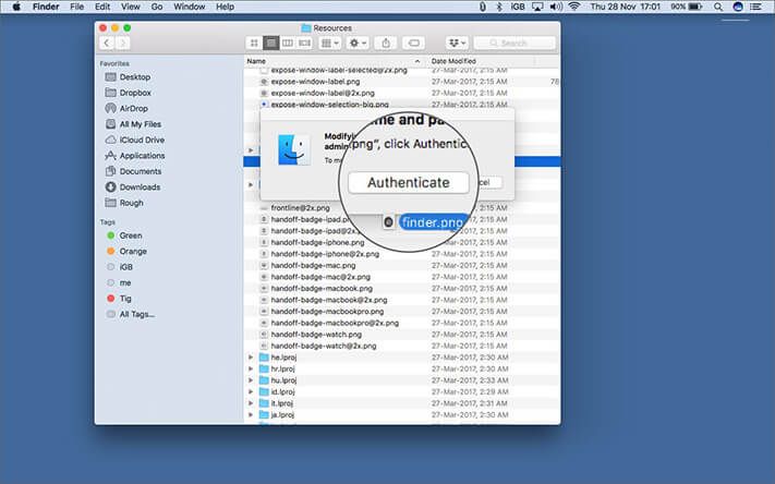 Klikk på Autentiser for å flytte PNG-bilde i Ressurs-mappen på mac