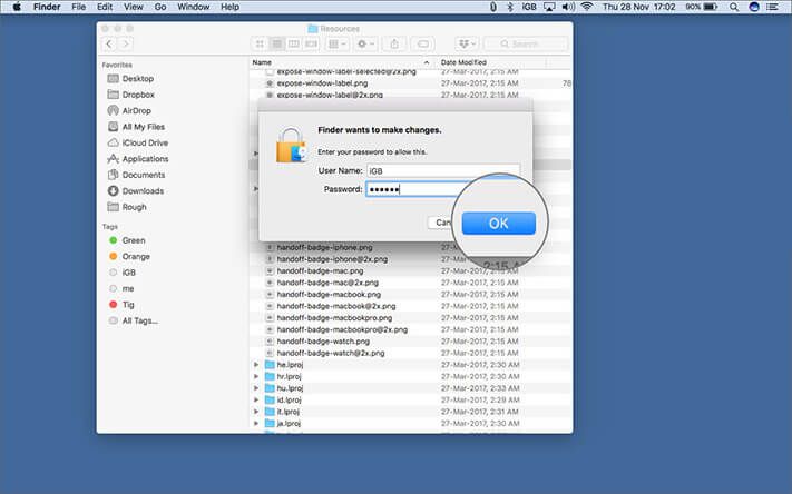 Klikk på OK ved å skrive inn passordet for å endre Finder på Mac
